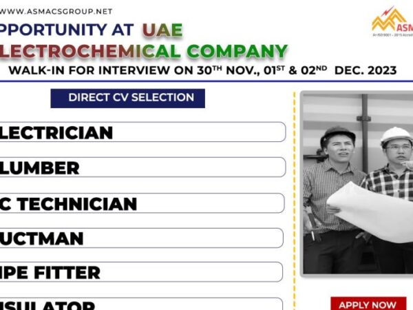 CV Selection job vacancy for UAE for Electrician Plumber Pipe fitter Ductman Insulator in Asmacs office Mumbai