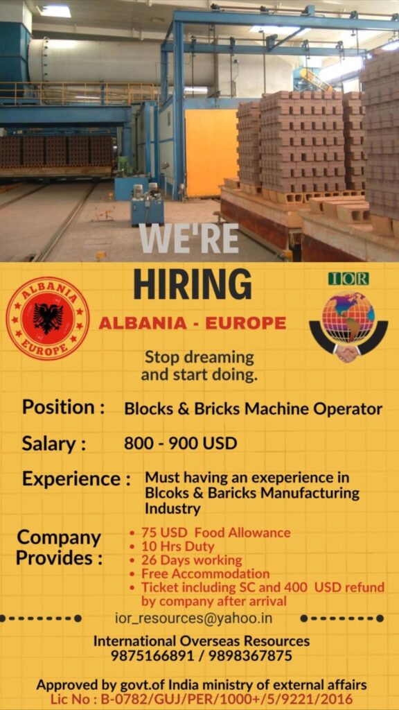 Europe Albania Job Vacancy for Block and Bricks Machine Operator