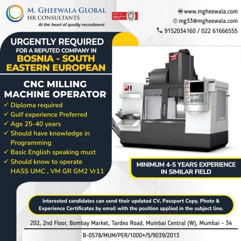 Europe Bosnia Job Vacancy for CNC Machine Operator in M Gheewala office in Mumbai for Indian job seeker.