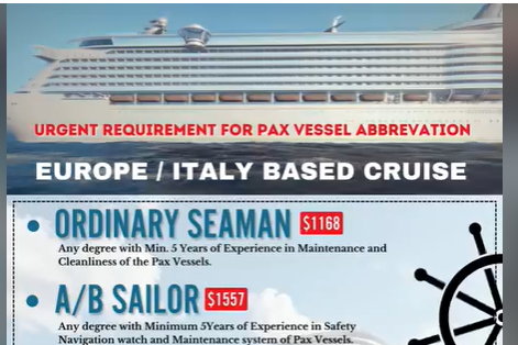 Seaman Job Vacancy for Indian for Europe Italy Based Cruise