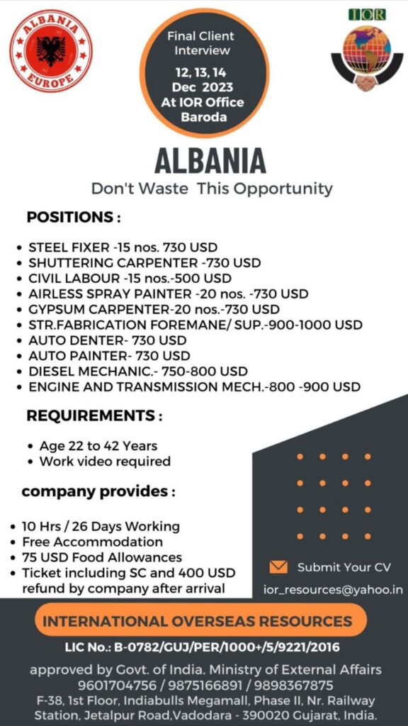 Albania Europe job vacancy for Indian job seeker in International overseas resources office client interview at Baroda office.