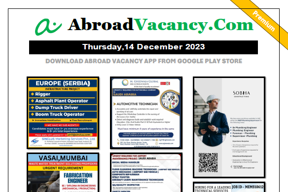 Job Vacancy for Serbia Europe in Sinclus office Mumbai for Indian job Seeker for below positions of rigger ashphalt plant operator dump truck driver boom tuck driver for more jobs Download Gulf Job Pdf Paper.