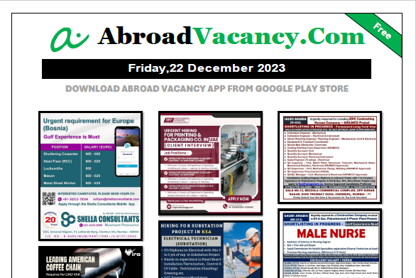 Download gulf job pdf paper for latest job vacancy for gulf and Europe jobs for Indian job seekers in registered office