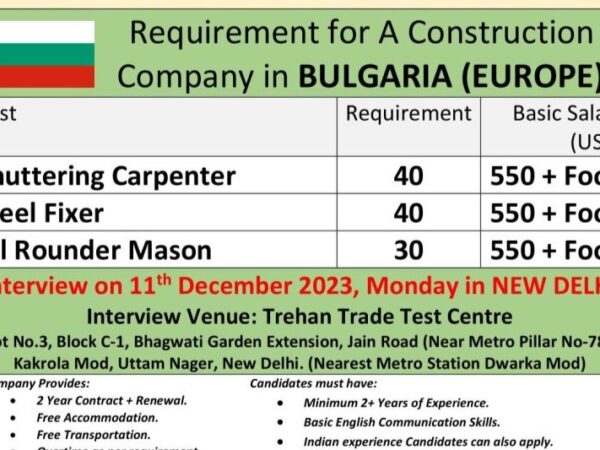 Job Vacancy for Bulgaria Europe Apply Now requirement for a construction company in bulgaria for shuttering carpenter steel fixer all rounder mason job vacancy in ND enterprises office.