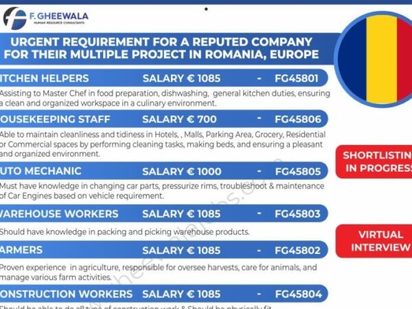Romania Europe Job Vacancy in F Gheewala office for Indian urgent requirement for a reputed company for their multiple project.