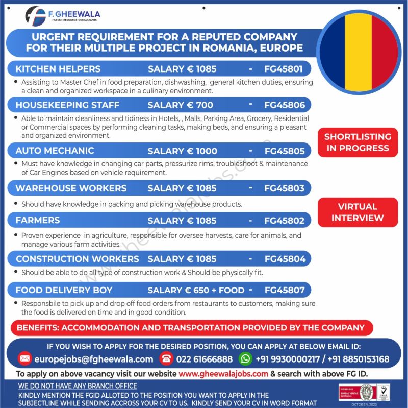 Romania Europe Job Vacancy in F Gheewala office for Indian urgent requirement for a reputed company for their multiple project.