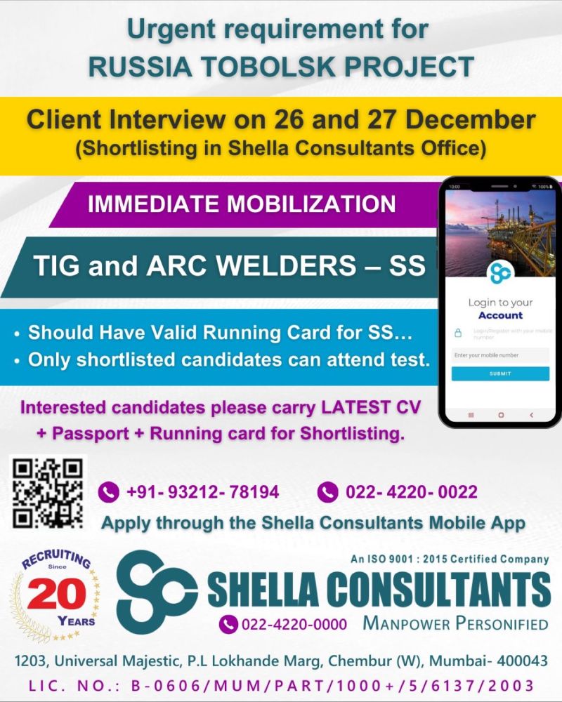 Russia Job Vacancy for Indian seeker in Shella Consultancy office requirement for tobolsk project for welder.