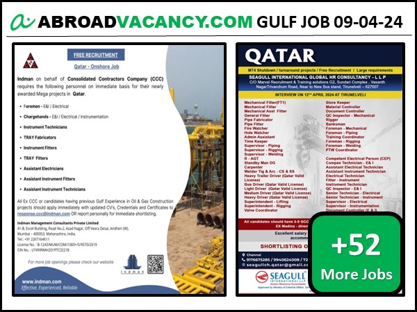 Free Requirement CCC Company Onshore jobs for Qatar job vacancy in indman consultancy mega project apply now