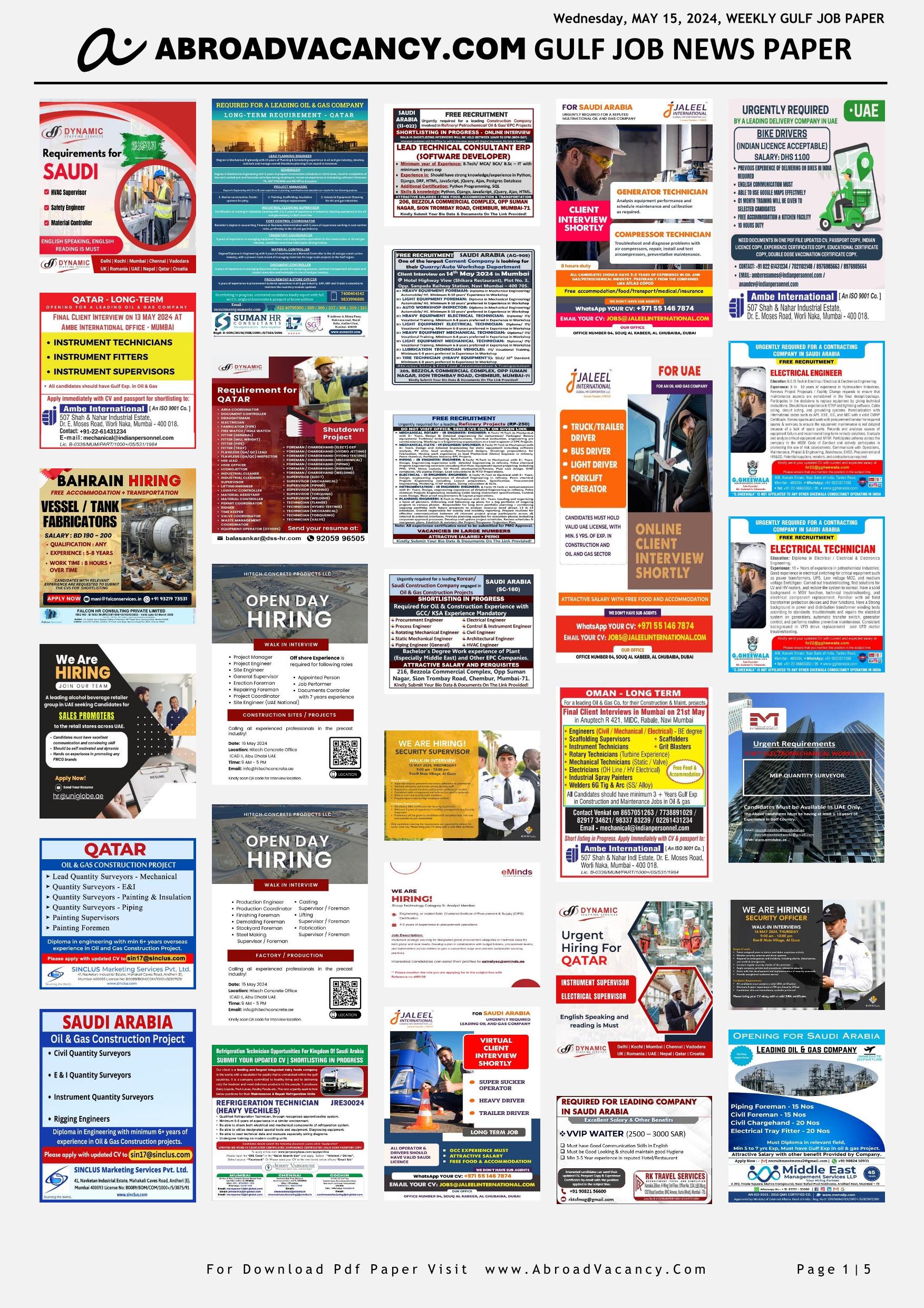 GULF JOBS NEWSPAPER (Wednesday, May 15)