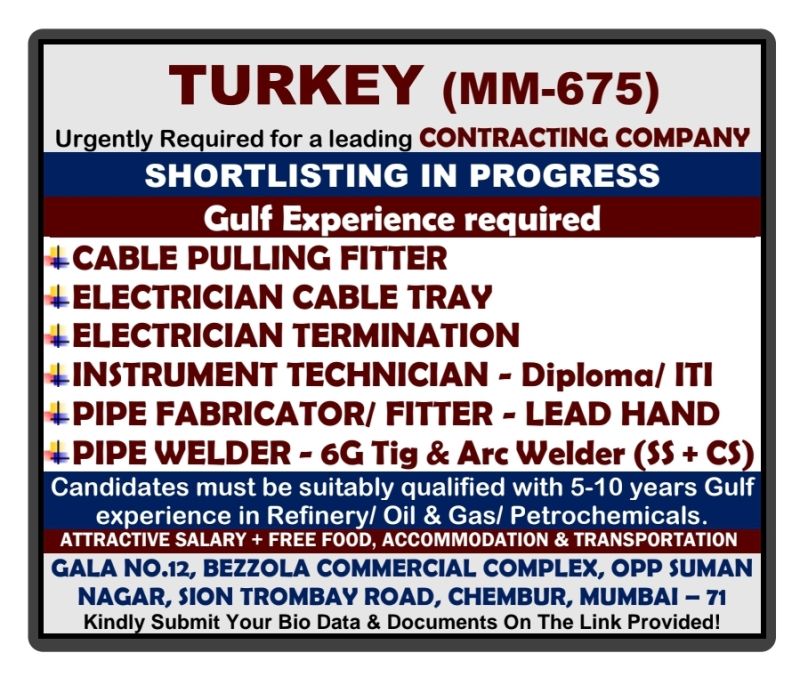 Jobs in Turkey for Welder Electrician Pipe fitter