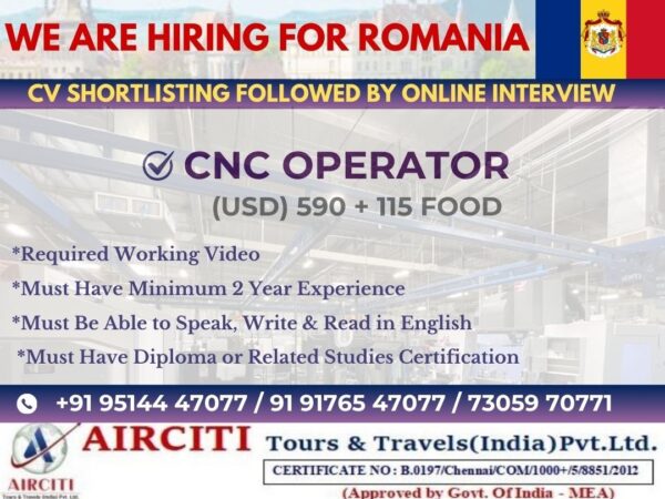 CNC Operator Jobs in Romania for Indians